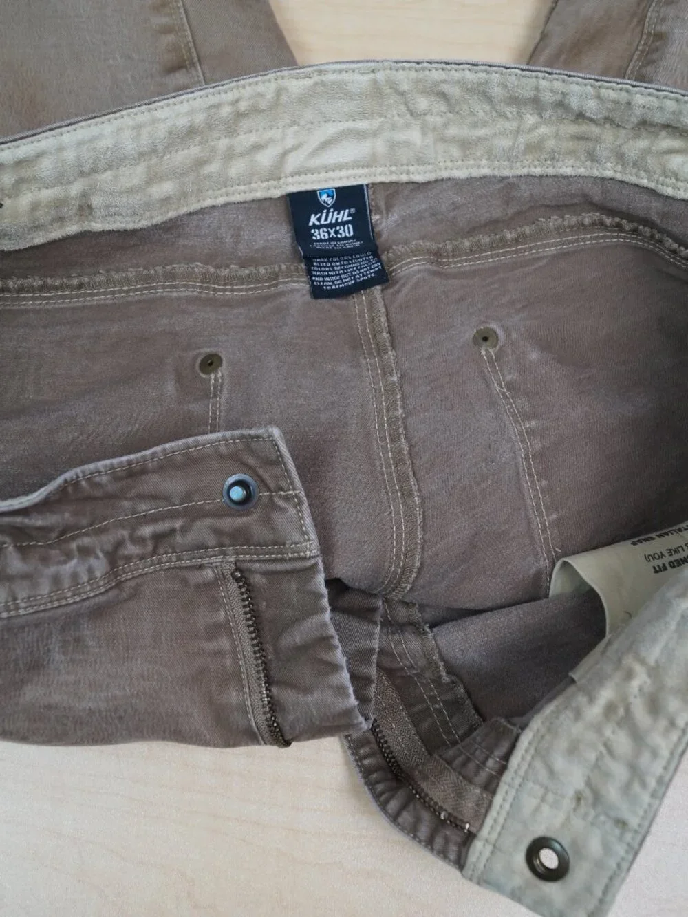 Kuhl Rydr Pants Tan Khaki Stretch Canvas Vintage Patina Dye Hiking Mens 36 x 29